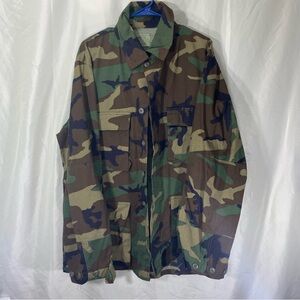 Green and Brown Military Field Jacket with Camouflage Pattern